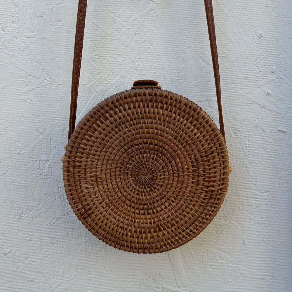 Brown Woven Round Crossbody Bag